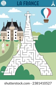 Maze für Kinder mit Eiffelturm. Französische vorschulische Drucktätigkeit für Kinder mit Hauptmerkmal in Paris. Geometrisches Labyrinth-Spiel oder Puzzle mit Frankreich Ort des Interesses, Szene, Schloss
