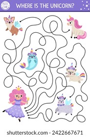 Maze for kids with fairy and fantasy animals with horns. Magic world preschool printable activity with cute characters. Simple fairytale labyrinth game. Where is the unicorn puzzle
