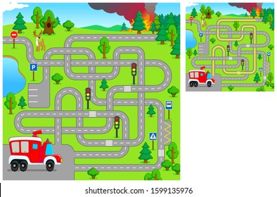 Maze for kids with fire engine. Find the right path to the forest fire. Vector cartoon illustration. Education game for children.
