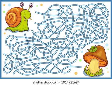 Maze for kids. Kids game. Children worksheet with cute cartoon snail. Activity page. Educational riddle. Vector illustration.