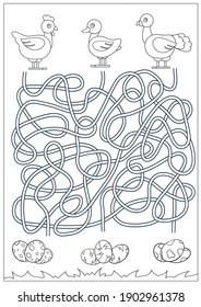 Maze for kids. Kids game and coloring. Children worksheet with cute cartoon chicken, turkey and duck. Activity page. Educational riddle. Vector illustration.