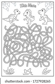 Maze kids game. Coloring page. Labyrinth with cute dinosaurs. Find the right path. Children education activity page. Funny riddle. Vector illustration.