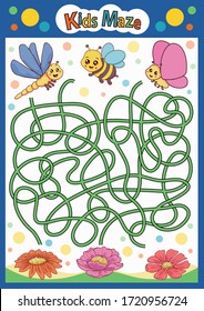 Maze kids game. Labyrinth with cute insects. Find the right path. Children education activity page. Funny riddle. Vector illustration.