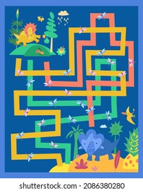 Maze For Kids. Help Dinosaur Meet His Friend. Follow Path Where He Meet 10 Dragonflies. Dinosaurs In Jurassic Park. Full Color Hand Drawing Vector Illustration.