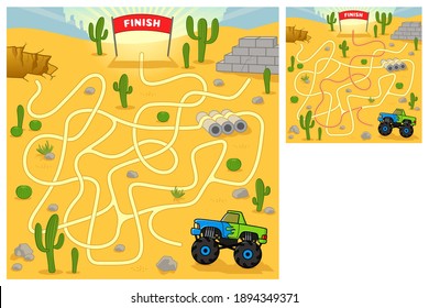 Maze for kids. Help the monster truck find the right way to the finish line. Suv in the desert. Vector cartoon illustration. Education game for children. 