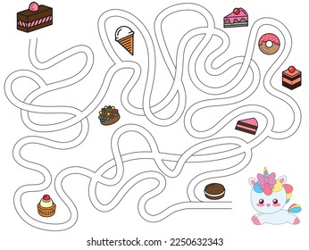 Maze for kids learning sweets and unicorn. Vector