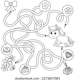 Maze for kids learning sweets and unicorn. Vector