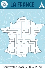 Maze for kids with map of France. French preschool printable activity for children. Geometric labyrinth game or puzzle with country plan
