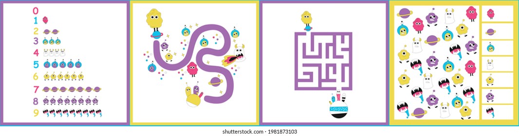 Maze. Kids mini game for development with cute aliens.