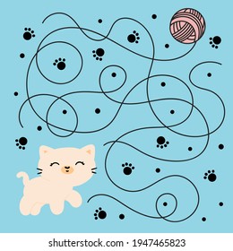 Maze kids on white background. Printable worksheet. Cute character cartoon game.Help the kitten find the way to the ball of thread