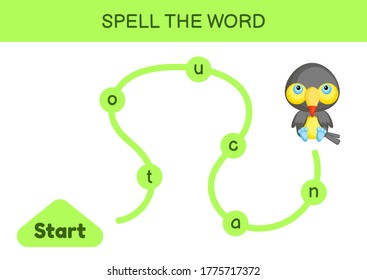 Maze for kids. Spelling word game template. Learn to read word toucan, printable worksheet. Activity page for study English.  Educational activity for development of children. Vector illustration.