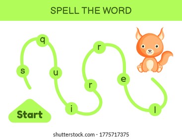 Maze for kids. Spelling word game template. Learn to read word squirrel, printable worksheet. Activity page for study English. Educational activity for development of children. Vector illustration.