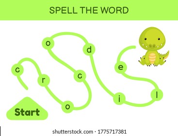 Maze for kids. Spelling word game template. Learn to read word crocodile, printable worksheet. Activity page for study English.  Educational activity for development of children. Vector illustration.