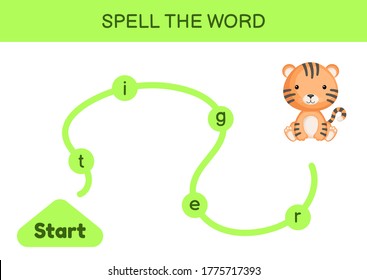 Maze for kids. Spelling word game template. Learn to read word tiger, printable worksheet. Activity page for study English. Educational activity for development of children. Vector stock illustration.
