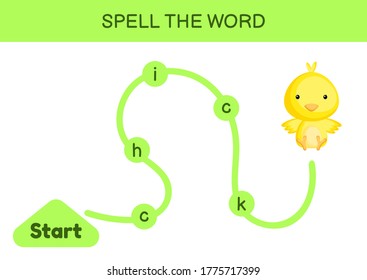 Maze for kids. Spelling word game template. Learn to read word duck, printable worksheet. Activity page for study English.  Educational activity for development of children. Vector illustration.