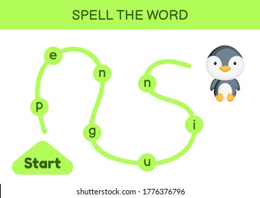 Maze for kids. Spelling word game template. Learn to read word penguin, printable worksheet. Activity page for study English. Educational activity for development of children. Vector illustration.