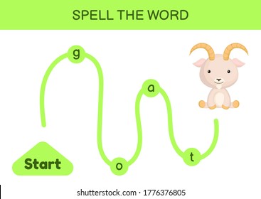 Maze for kids. Spelling word game template. Learn to read word goat, printable worksheet. Activity page for study English. Educational activity for development of children. Vector stock illustration.