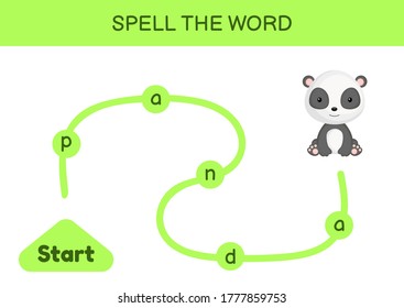Maze for kids. Spelling word game template. Learn to read word panda, printable worksheet. Activity page for study English. Educational activity for development of children. Vector stock illustration.