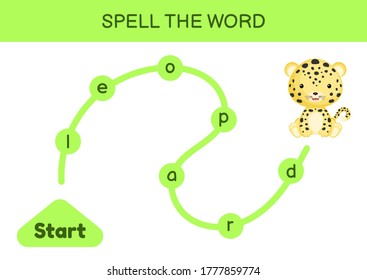 Maze for kids. Spelling word game template. Learn to read word leopard, printable worksheet. Activity page for study English. Educational activity for development of children. Vector illustration.