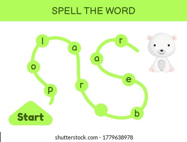 Maze for kids. Spelling word game template. Learn to read word polar bear, printable worksheet. Activity page for study English. Educational activity for development of children. Vector illustration.
