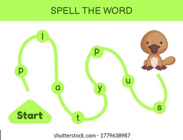 Maze for kids. Spelling word game template. Learn to read word platypus, printable worksheet. Activity page for study English. Educational activity for development of children. Vector illustration.