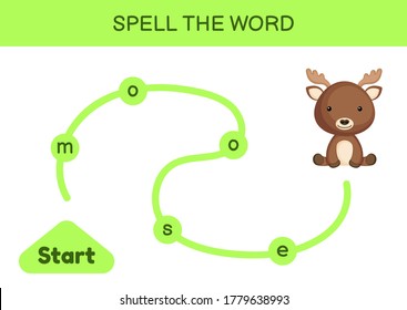 Maze for kids. Spelling word game template. Learn to read word moose, printable worksheet. Activity page for study English. Educational activity for development of children. Vector stock illustration.