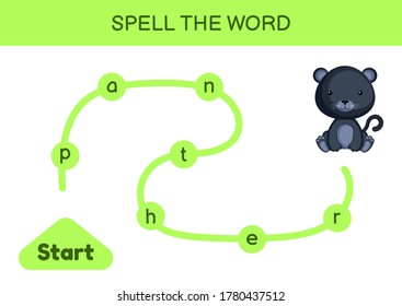 Maze for kids. Spelling word game template. Learn to read word panther, printable worksheet. Activity page for study English. Educational activity for development of children. Vector illustration.