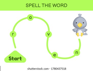 Maze for kids. Spelling word game template. Learn to read word raven, printable worksheet. Activity page for study English. Educational activity for development of children. Vector stock illustration.