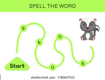 Maze for kids. Spelling word game template. Learn to read word skunk, printable worksheet. Activity page for study English. Educational activity for development of children. Vector stock illustration.