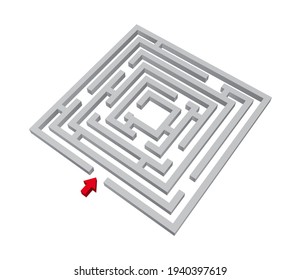 Icono de laberinto 3d con flecha roja aislada sobre fondo blanco. Un juego laberíntico inteligente.