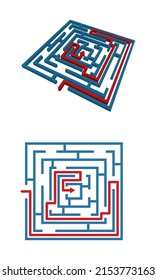 maze labyrinth 3d icon with red arrow way solution isolated on white background