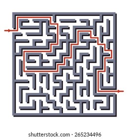 Maze labyrinth with answer. Vector illustration of simple labyrinth with some wrong ways and one exit