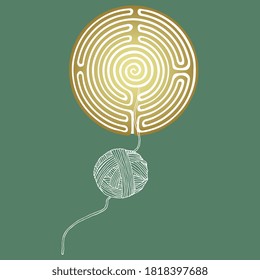Maze or labyrinth and ball of yarn. Ariadne's thread. Ancient Greek mythology. Creative concept.