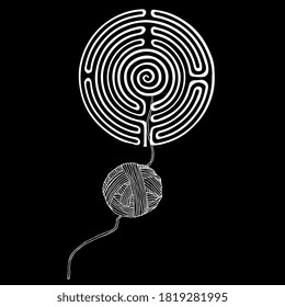 Maze or labyrinth and ball of yarn. Ariadne's thread. Ancient Greek mythology. Creative concept. Black and white silhouette.