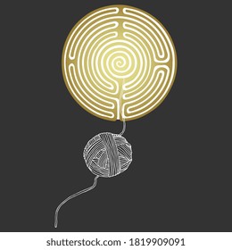 Maze or labyrinth and ball of yarn. Ariadne's threadMaze or labyrinth and ball of yarn. Ariadne's thread. Ancient Greek mythology. Creative concept.. Ancient Greek mythology. Creative concept.
