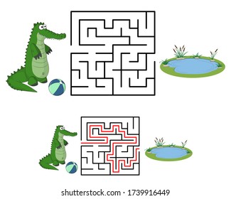 Maze Or Labyrinth For Children With Cartoon Alligator And Lake. Find Right Way. Simple Square Maze With Answer. Entry And Exit. Child Puzzle Game. Education Labyrinth Conundrum. Logic Games For Kids.