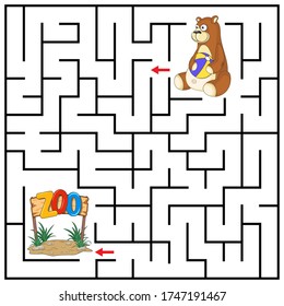Maze or Labyrinth for Children with cartoon Bear. Find right way to the Zoo. Answer under the layer. Square puzzle Game. Labyrinth conundrum. Education worksheet. Activity page. Logic Games for kids