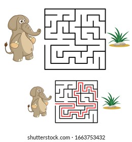 Maze or Labyrinth for Children with Cartoon Elephant and Grass. Find right way. Simple square maze with answer. Entry and exit. Child puzzle game. Education Labyrinth conundrum. Logic Games for kids.