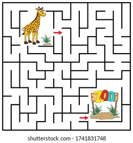 Maze or Labyrinth for Children with cartoon Giraffe. Find right way to the Zoo. Answer under the layer. Square puzzle Game. Labyrinth conundrum. Education worksheet. Activity page. Logic Game for kids