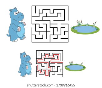 Maze or Labyrinth for Children with Cartoon Hippo and Lake. Find right way. Simple square maze with answer. Entry and exit. Child puzzle game. Education Labyrinth conundrum. Logic Games for kids.