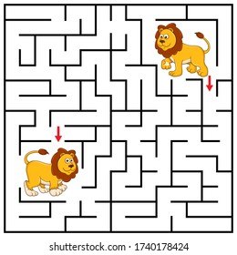 Maze or Labyrinth for Children with cartoon Lion. Find right way to the Friend. Answer under the layer. Square puzzle Game. Labyrinth conundrum. Education worksheet. Activity page. Logic Game for kids