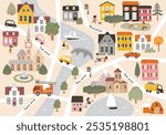 Maze, labyrinth for children with cartoon map, with way passing through the city. Cartoon childish city print. Vector childish  pattern with  town symbols, cars, houses, buildings, trees, streets. 