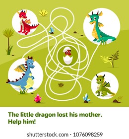 Maze labyrinth children game vector illustration. Cartoon dragons, help find way to child egg on tangled way lines, logical solution game for kids book design template