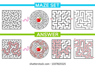 Maze, labyrinth conundrum for kids. Entry and exit. Maze set, collection labyrinth. Children puzzle game. Vector stock illustration