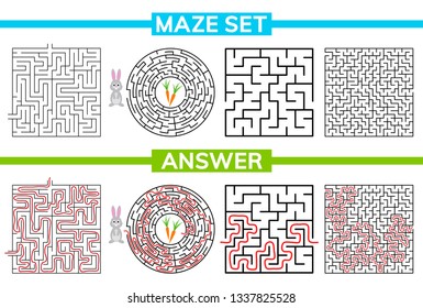 Maze, labyrinth conundrum for kids. Entry and exit. Maze set, collection labyrinth. Children puzzle game. Vector stock illustration