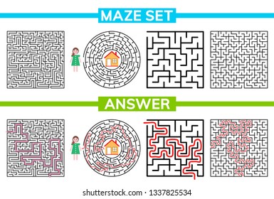 Maze, labyrinth conundrum for kids. Entry and exit. Maze set, collection labyrinth. Children puzzle game. Vector stock illustration