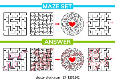 Maze, labyrinth conundrum for kids. Entry and exit. Maze set, collection labyrinth. Children puzzle game. Vector stock illustration