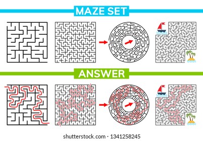 Maze, labyrinth conundrum for kids. Entry and exit. Maze set, collection labyrinth. Children puzzle game. Vector stock illustration