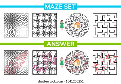 Maze, labyrinth conundrum for kids. Entry and exit. Maze set, collection labyrinth. Children puzzle game. Vector stock illustration