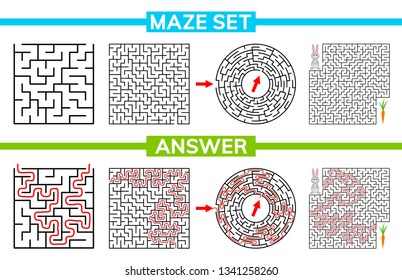Maze, labyrinth conundrum for kids. Entry and exit. Maze set, collection labyrinth. Children puzzle game. Vector stock illustration